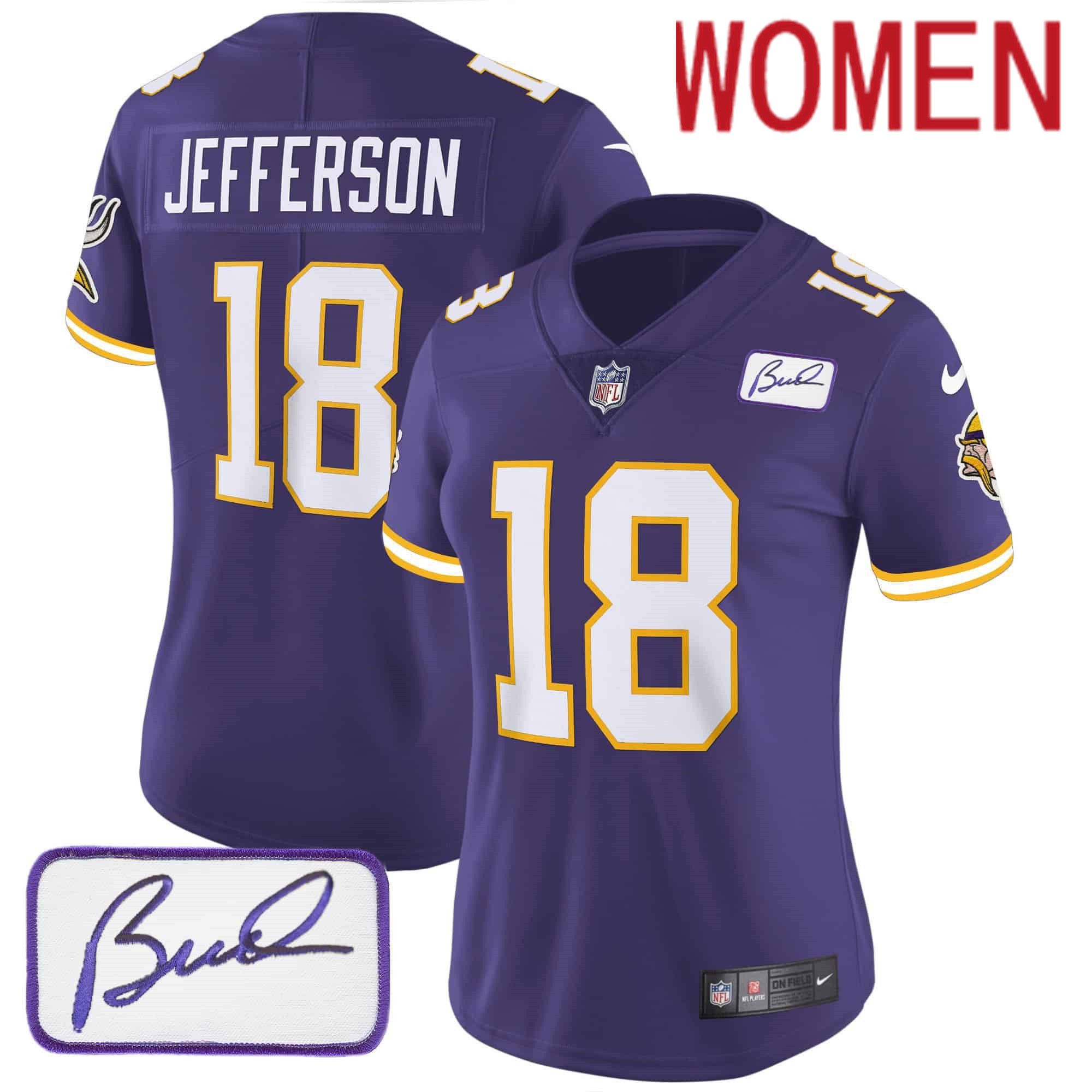 Women Minnesota Vikings #18 Jefferson Purple 2024 Nike Bud Grant Patch Classic Limited NFL Jersey style 3